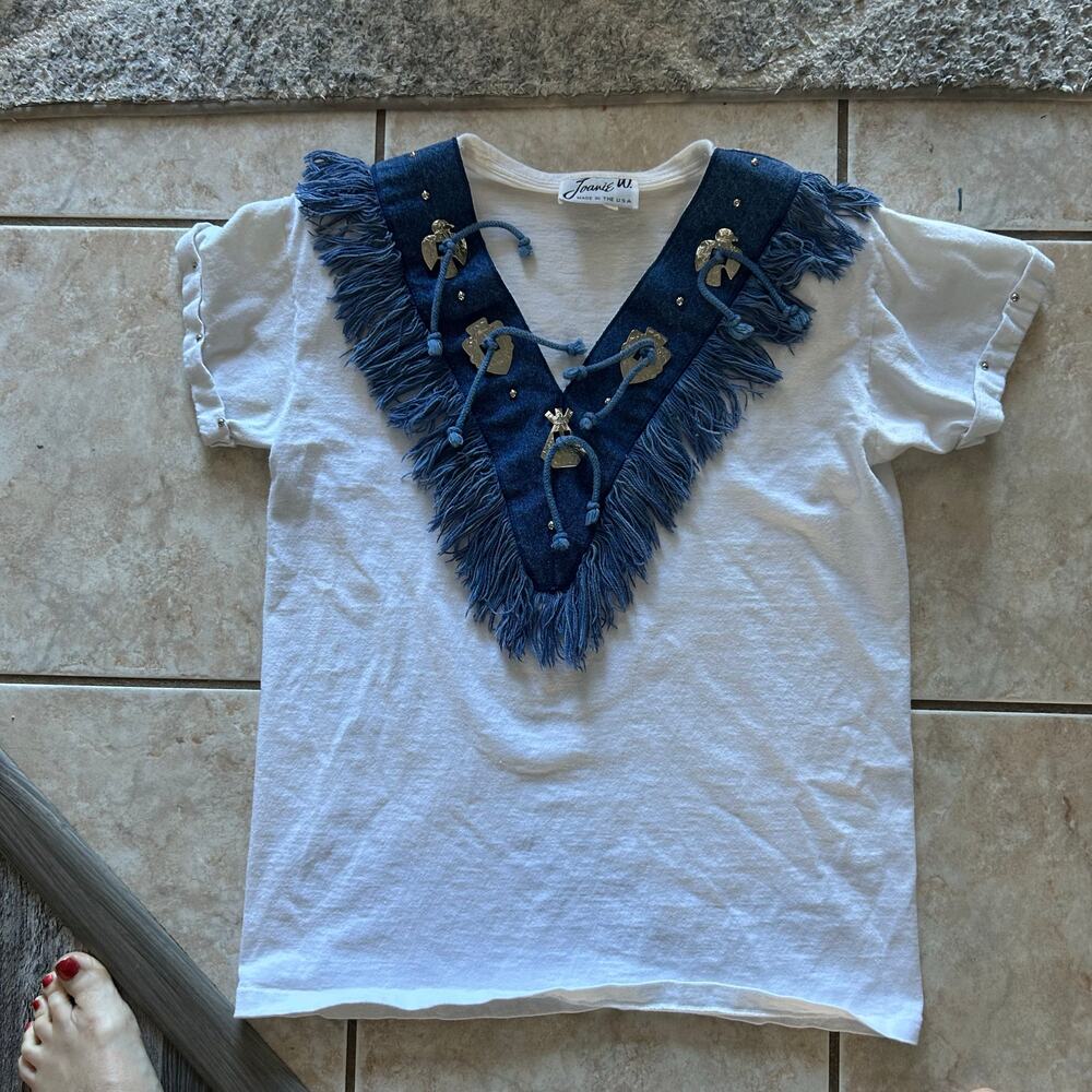 Vintage Joanie W Denim Fringe Western T-Shirt Made in USA western style country